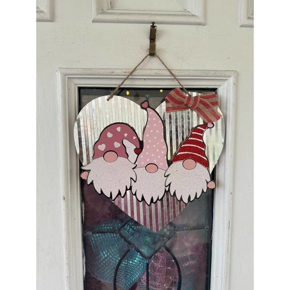 10” Galvanized Metal Heart Trio of Gnomes Valentines Day Sign Home Decor - Picture 1 of 5